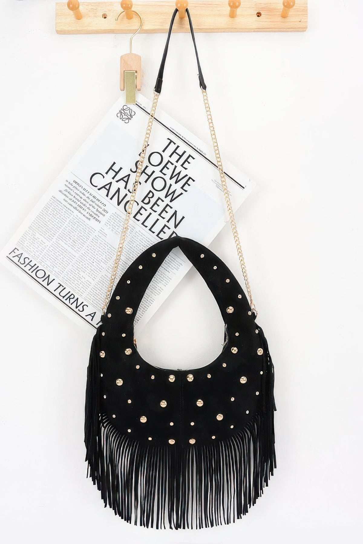 Faux Suede Metal Studded Fringe Hobo Bag - Robbi & Angel