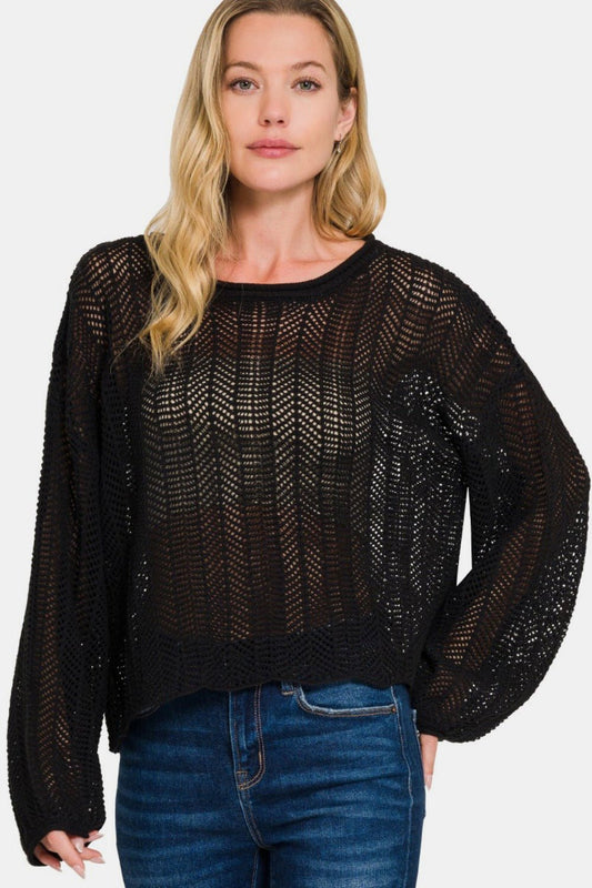 Zenana Hollow Out Long Sleeve Knit Cover Up - Robbi & Angel