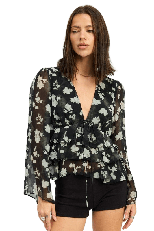 FLORAL TIE FRONT RUFFLED BLOUSE - Robbi & Angel
