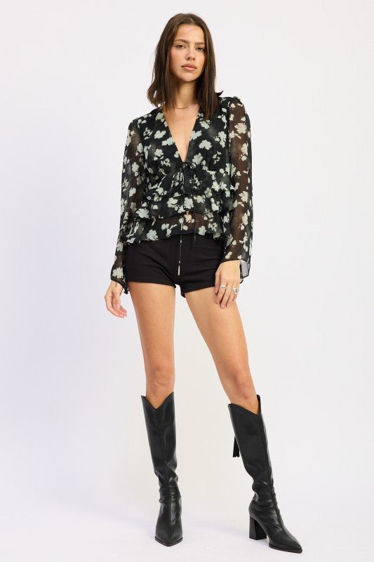 FLORAL TIE FRONT RUFFLED BLOUSE - Robbi & Angel