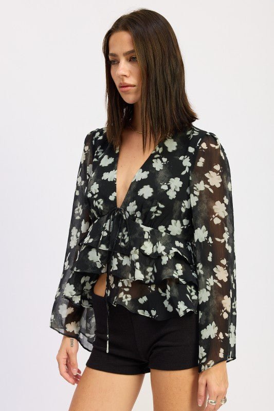 FLORAL TIE FRONT RUFFLED BLOUSE - Robbi & Angel