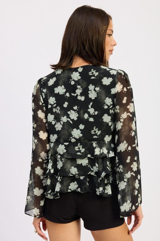 FLORAL TIE FRONT RUFFLED BLOUSE - Robbi & Angel