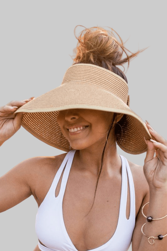 Foldable Wide Brim Bow Visor with Elastic Band & Velcro Closure, Breathable Straw - Robbi & Angel
