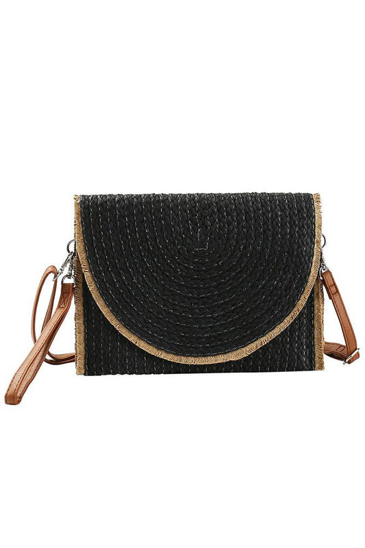 Frayed Trim Two Tone Straw Clutch Crossbody Bag - Robbi & Angel
