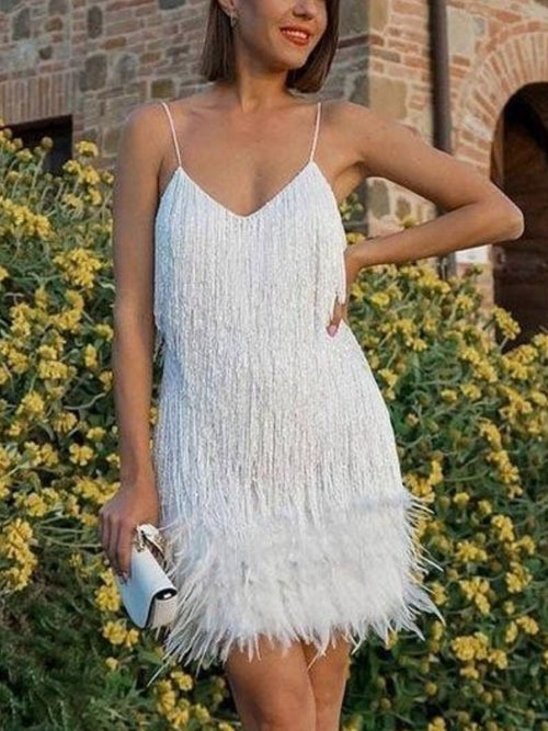 Fringe Feather Hem Mini Dress - Robbi & Angel