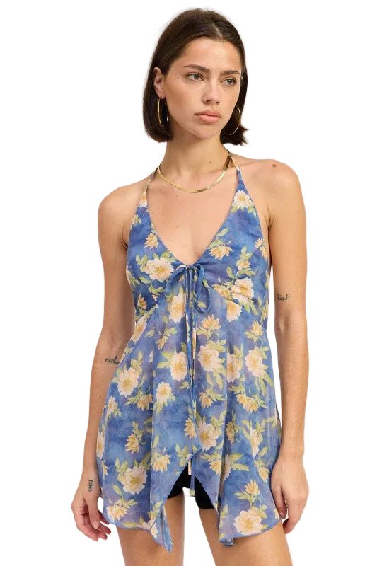 Front Tie Halter Floral Butterfly Top - Robbi & Angel