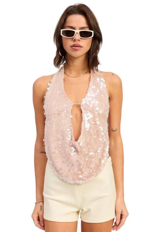 FRONT TIE SEQUIN HALTER TOP - Robbi & Angel