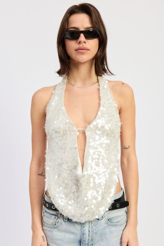 FRONT TIE SEQUIN HALTER TOP - Robbi & Angel