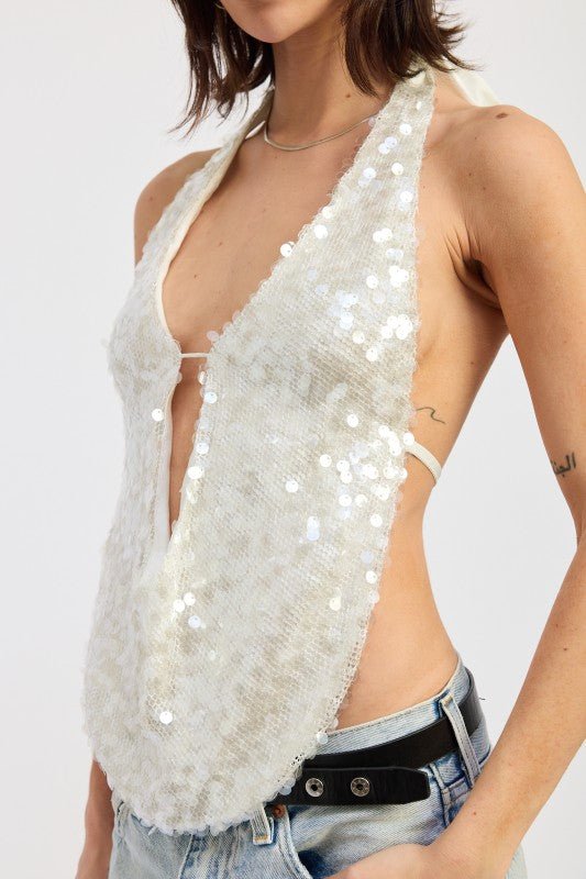 FRONT TIE SEQUIN HALTER TOP - Robbi & Angel