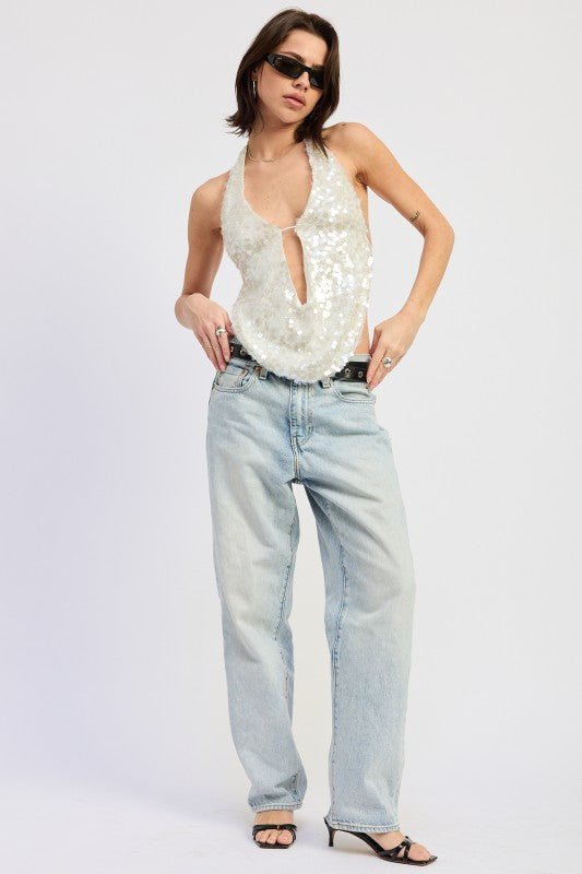 FRONT TIE SEQUIN HALTER TOP - Robbi & Angel