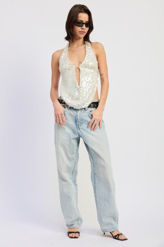 FRONT TIE SEQUIN HALTER TOP - Robbi & Angel