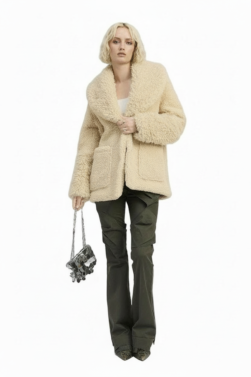 FUR TRIMMED FLEECE JACKET WITH COLLAR AND FRONT POCKETS - Robbi & Angel