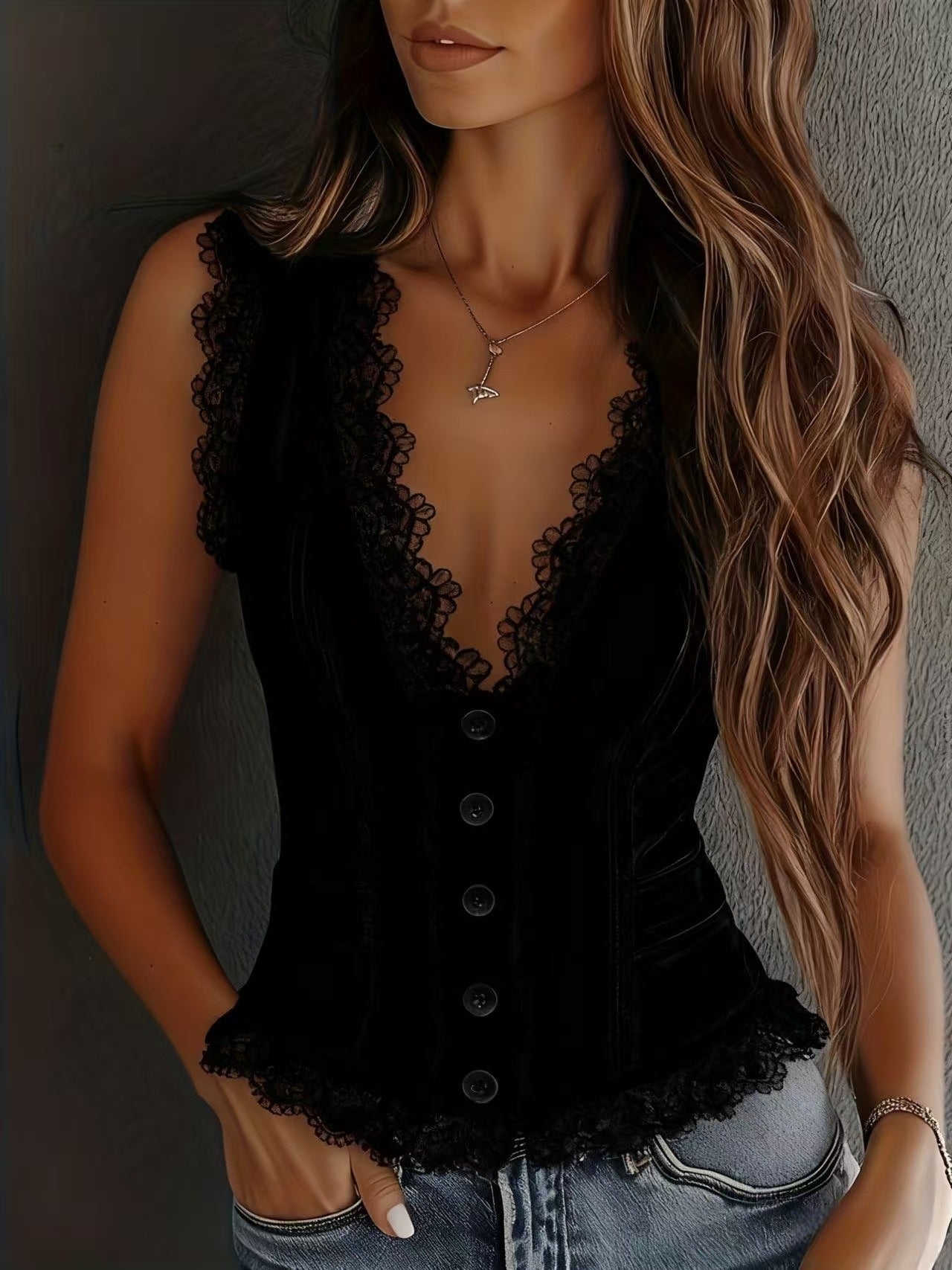 Gabriella Lace Trim Button-Down Crop Tank Vest Women - Robbi & Angel