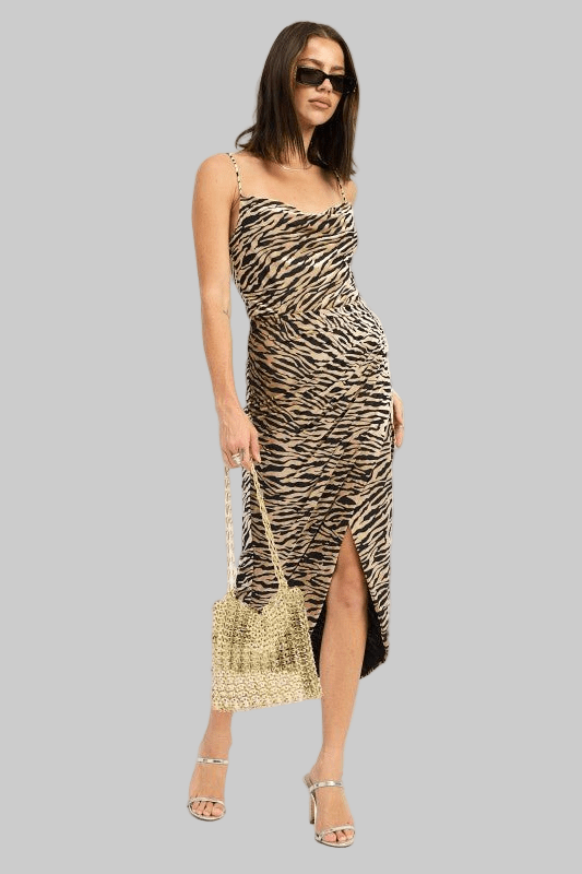 GATHERED MIDI DRESS WITH COWL NECK - Robbi & Angel