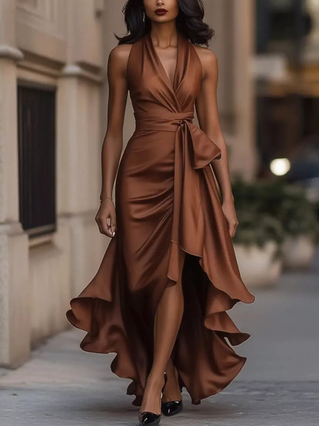 Giana High-Low Ruffled Satin Maxi Dress - Robbi & Angel