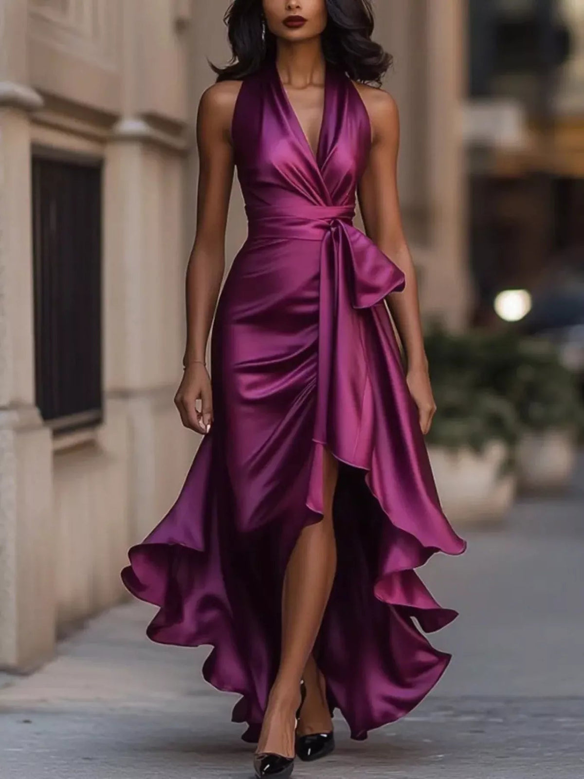 Giana High-Low Ruffled Satin Maxi Dress - Robbi & Angel