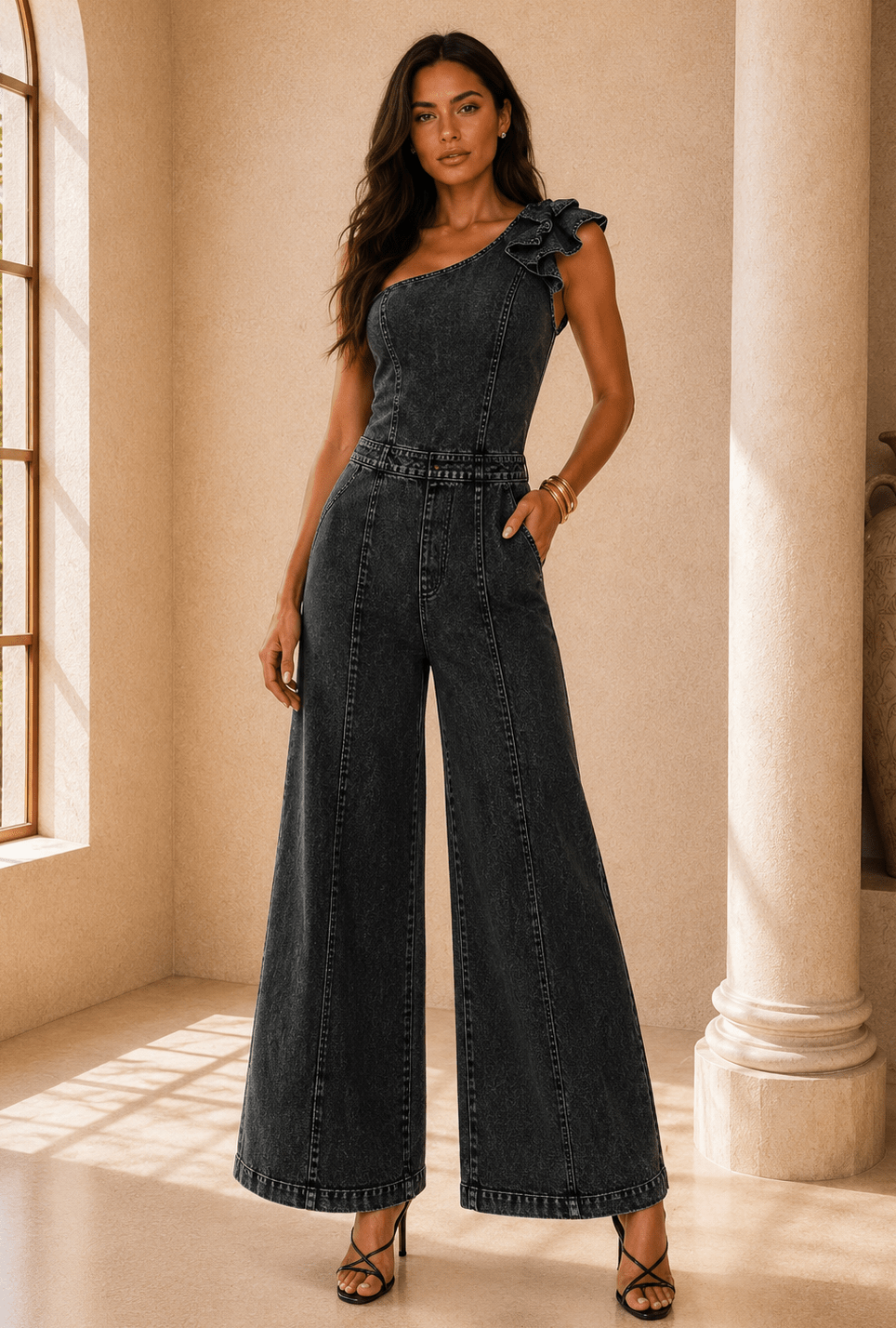Gianna Graphite Petal Edge Denim Jumpsuit - Robbi & Angel