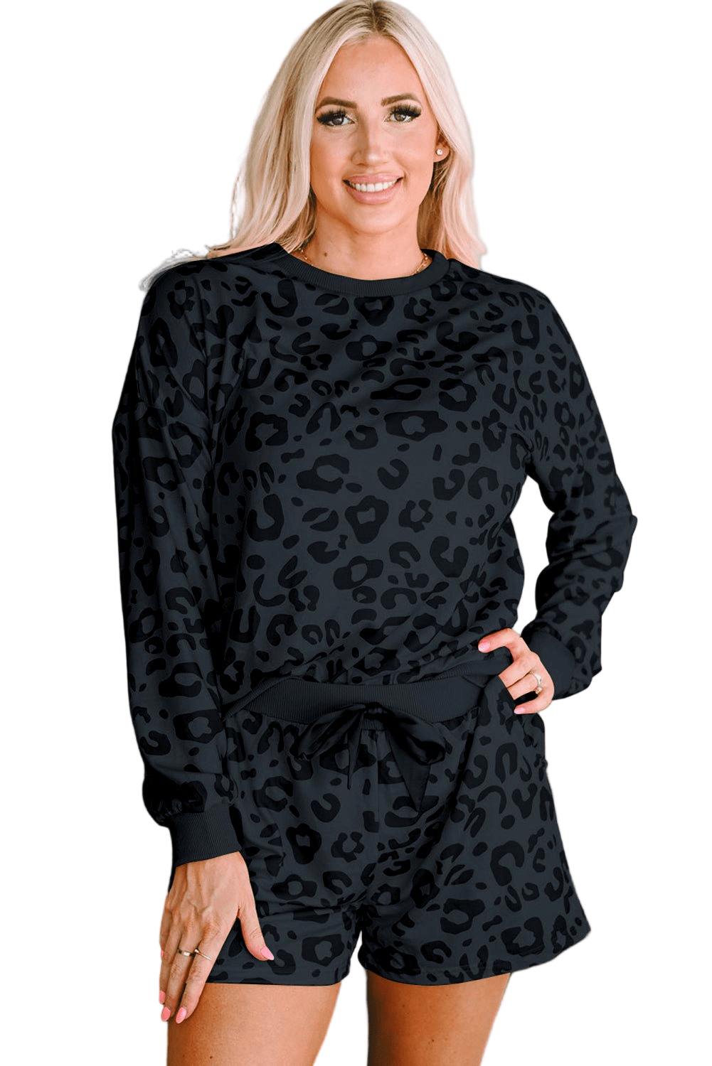 Gray Printed Leopard Long Sleeve Satin Tie Shorts Two Piece Set - Robbi & Angel