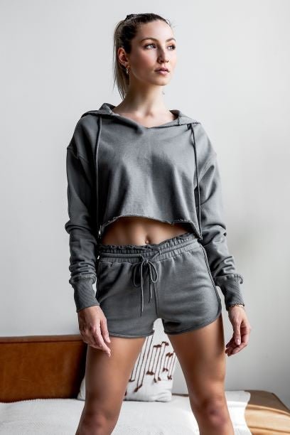 Grey Raw Edges Cropped Hoodie and Bottom Sets - Robbi & Angel
