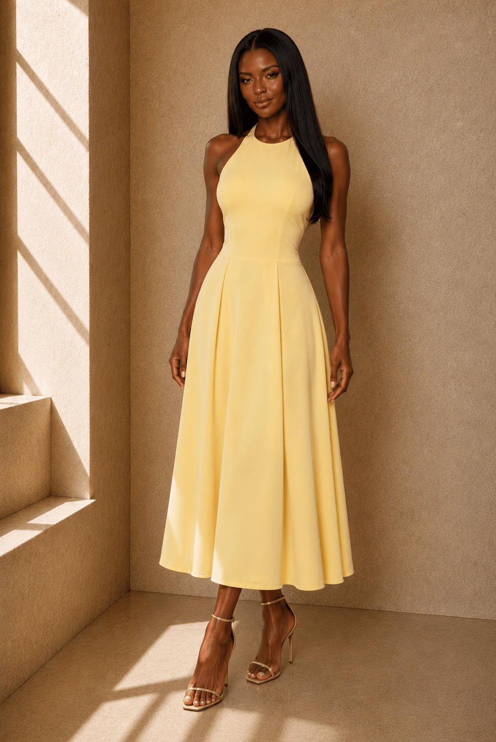 Halter Solid Dropped Hem Midi Dress - Robbi & Angel