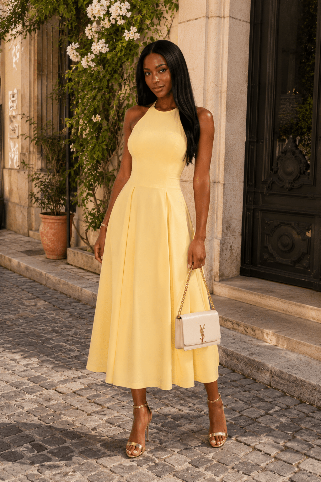 Halter Solid Dropped Hem Midi Dress - Robbi & Angel