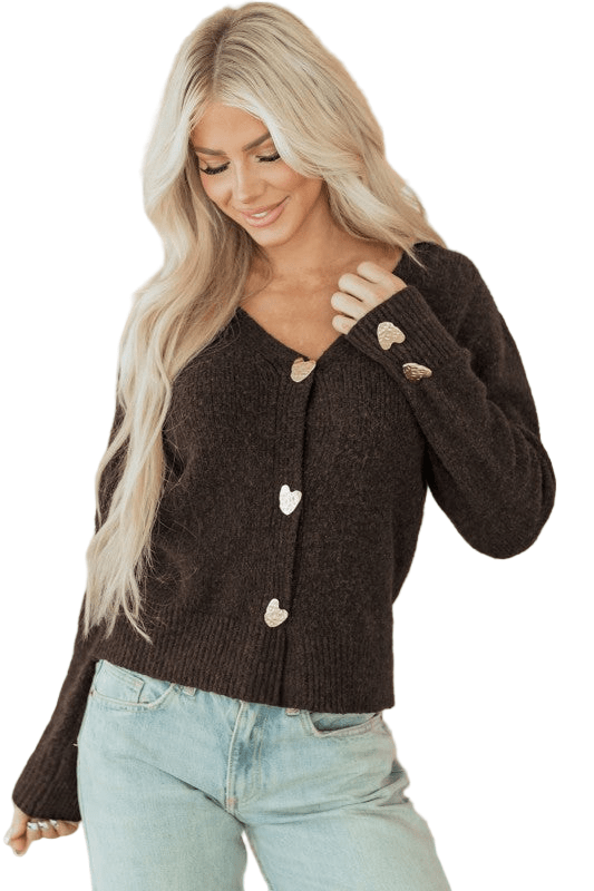 Heart Metal Button V - Neck Knit Cardigan - Robbi & Angel