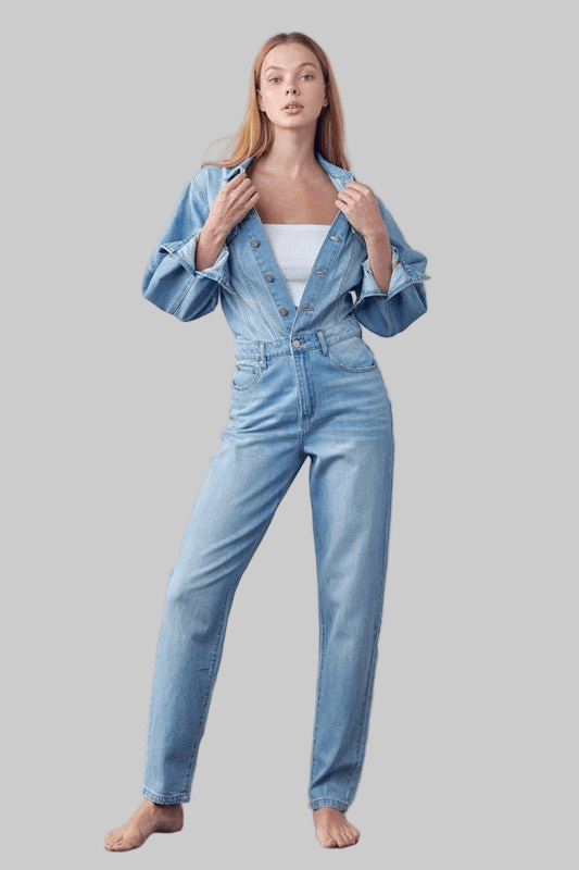 High Waist Flap Pocket Half Button Denim Jumpsuit - Robbi & Angel