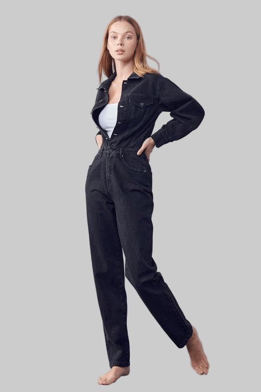 High Waist Flap Pocket Half Button Denim Jumpsuit - Robbi & Angel