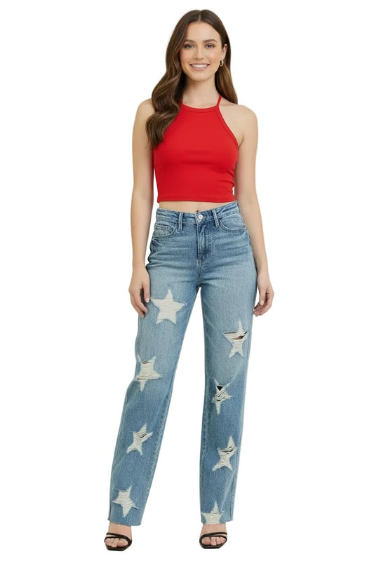 High Waist Rigid Magic Star Shaped Destroy 90's Straight Jeans Plus Size - Robbi & Angel