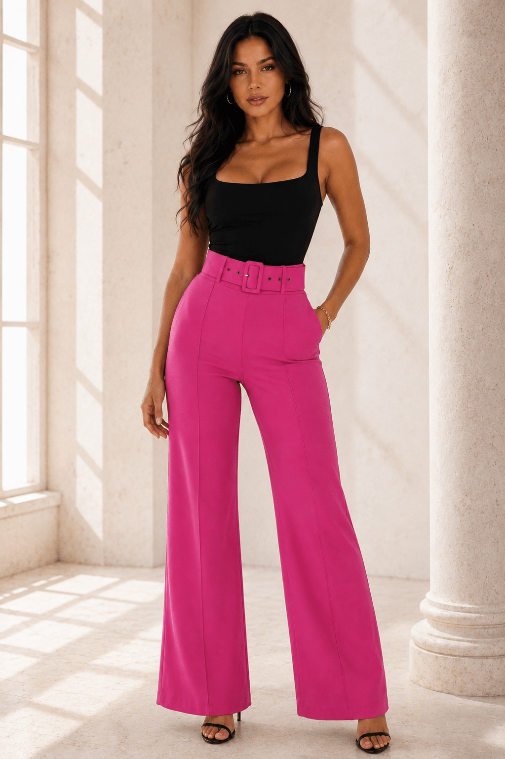 Hilda High Waist Pants With Buckle Belt - Robbi & Angel