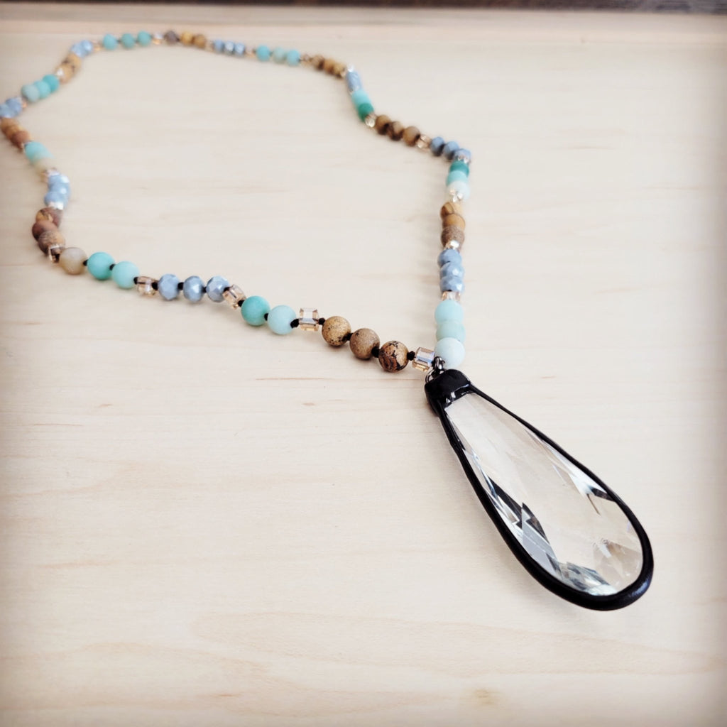 Jillian Long Beaded Necklace w/ Crystal Pendant - Robbi & Angel