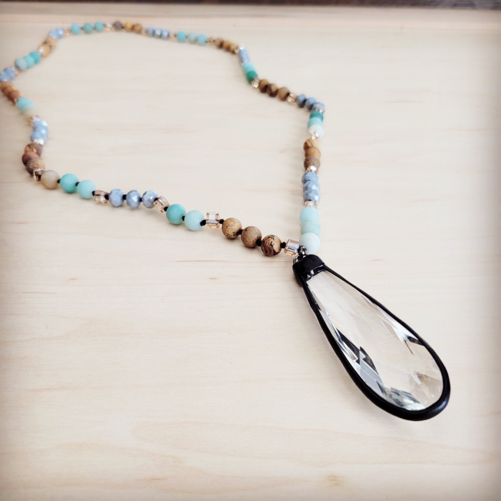 Jillian Long Beaded Necklace w/ Crystal Pendant - Robbi & Angel