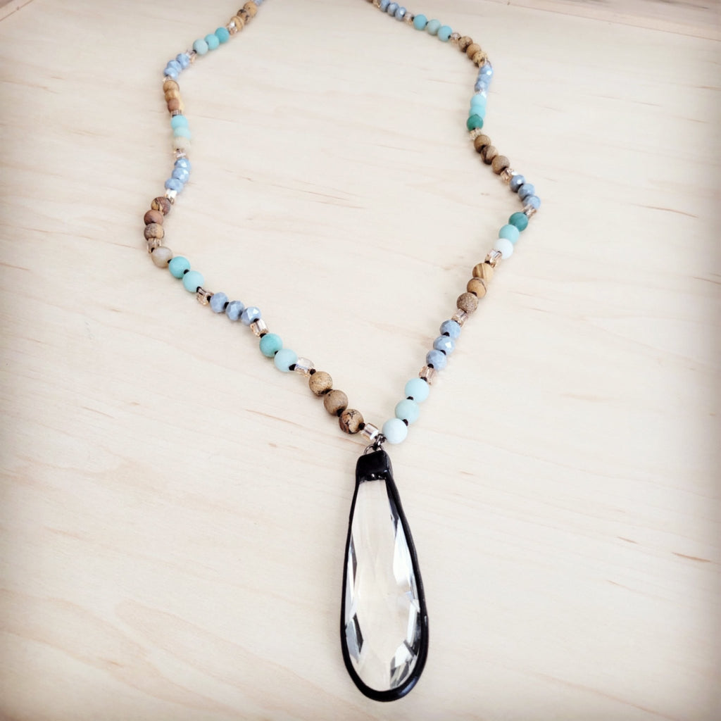 Jillian Long Beaded Necklace w/ Crystal Pendant - Robbi & Angel