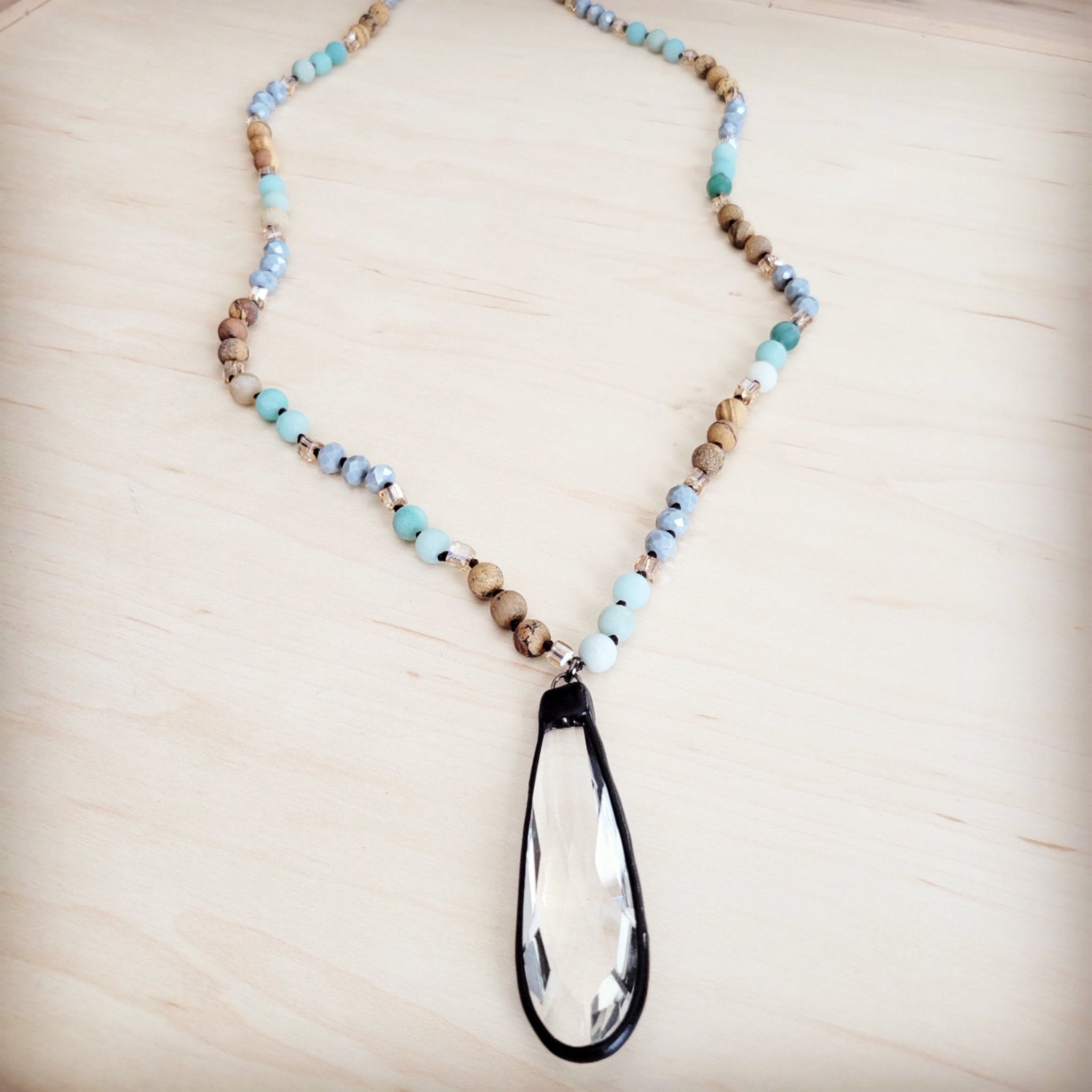 Jillian Long Beaded Necklace w/ Crystal Pendant - Robbi & Angel