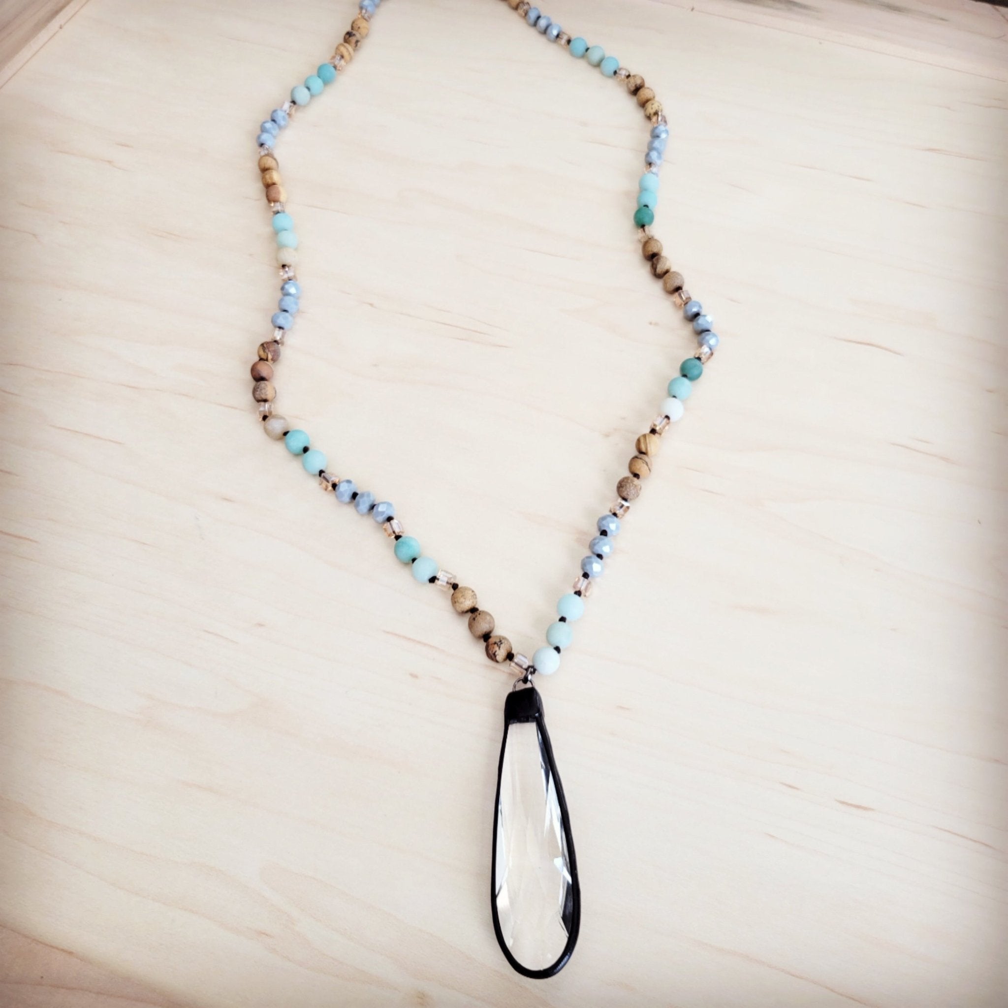 Jillian Long Beaded Necklace w/ Crystal Pendant - Robbi & Angel
