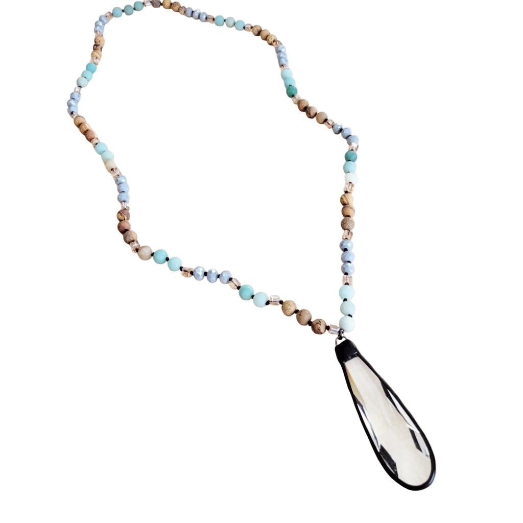 Jillian Long Beaded Necklace w/ Crystal Pendant - Robbi & Angel
