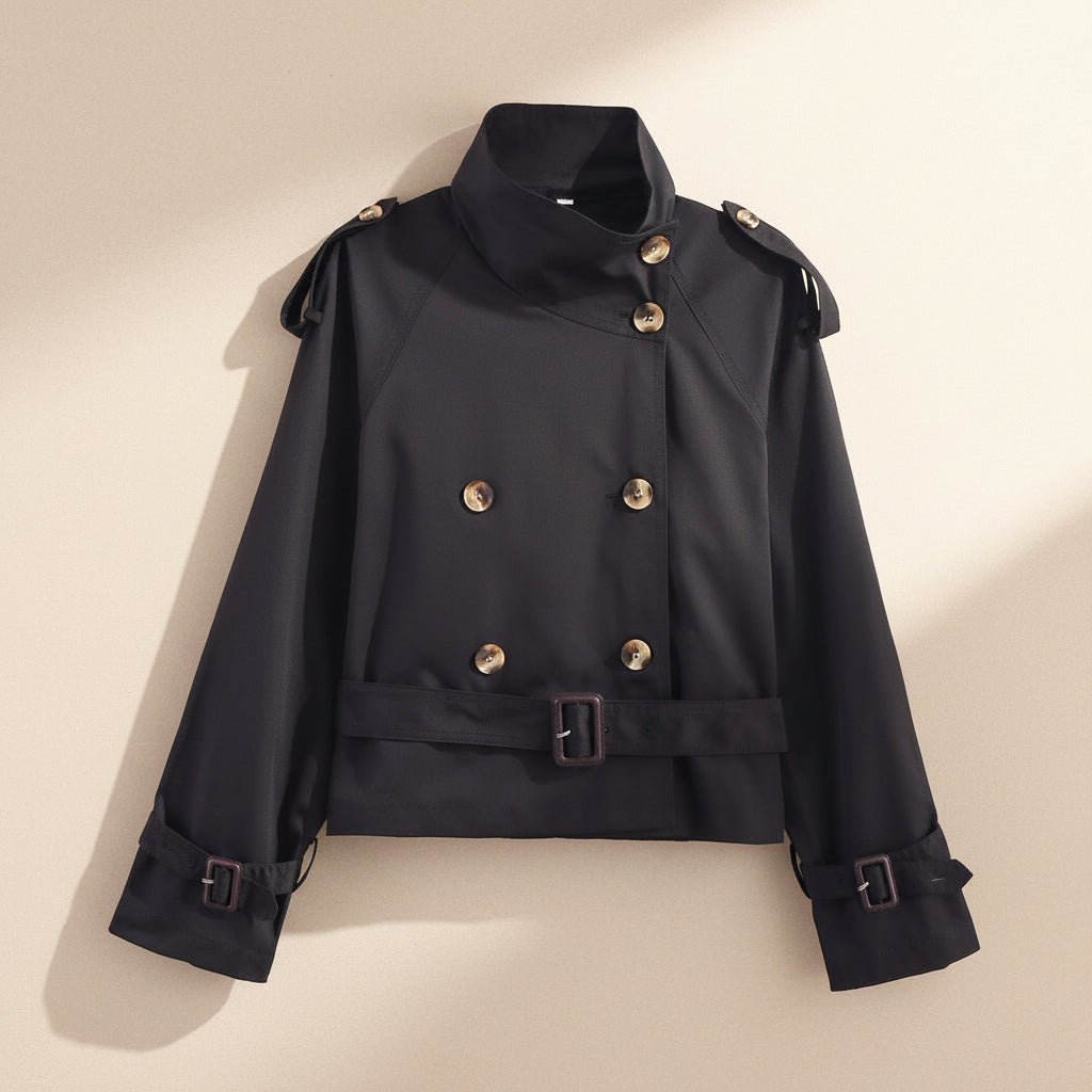 Joann Notch-Collar Short Trench Coat with Belt Buckle Detail - Robbi & Angel
