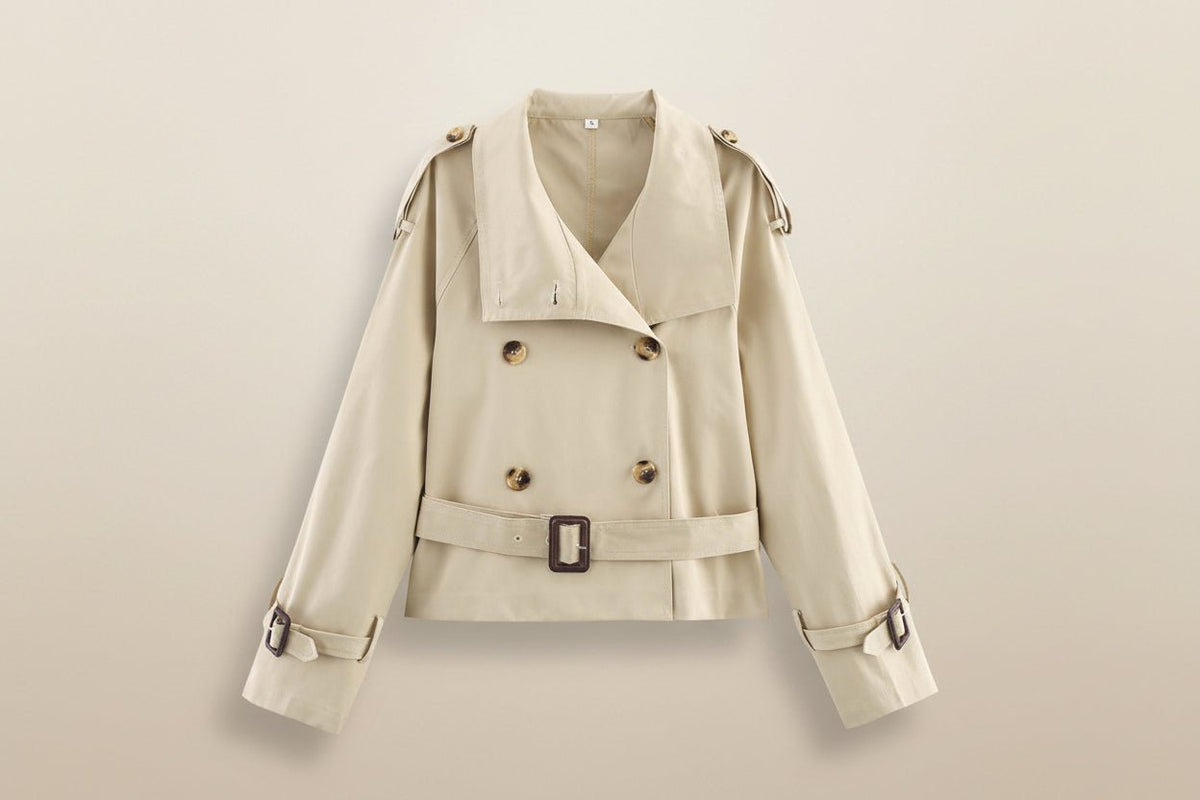 Joann Notch-Collar Short Trench Coat with Belt Buckle Detail - Robbi & Angel