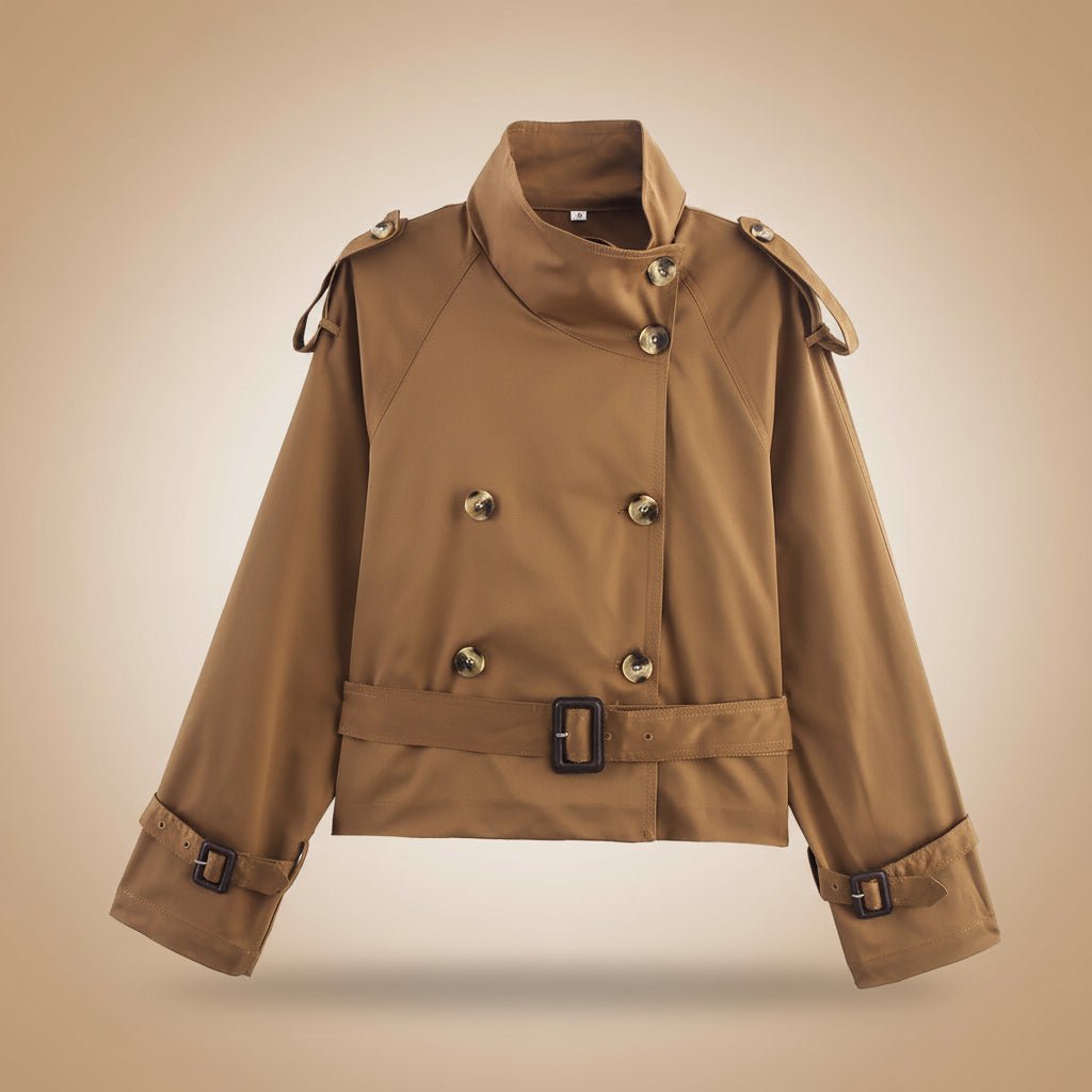 Joann Notch-Collar Short Trench Coat with Belt Buckle Detail - Robbi & Angel