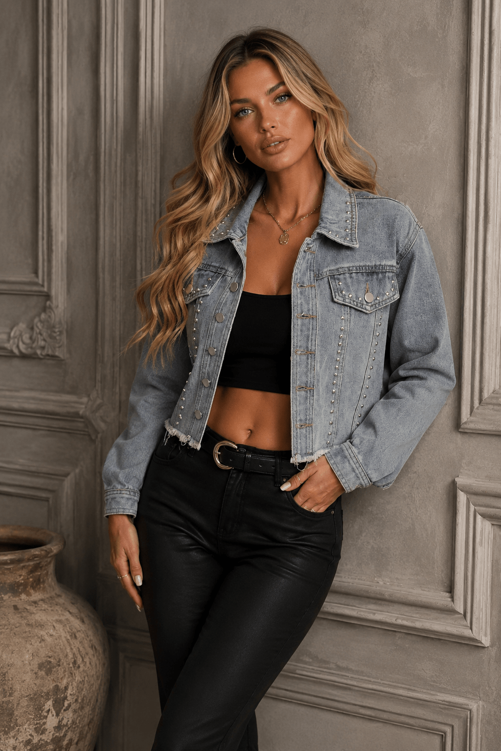 Josie Studded Raw Hem Denim Jacket - Robbi & Angel