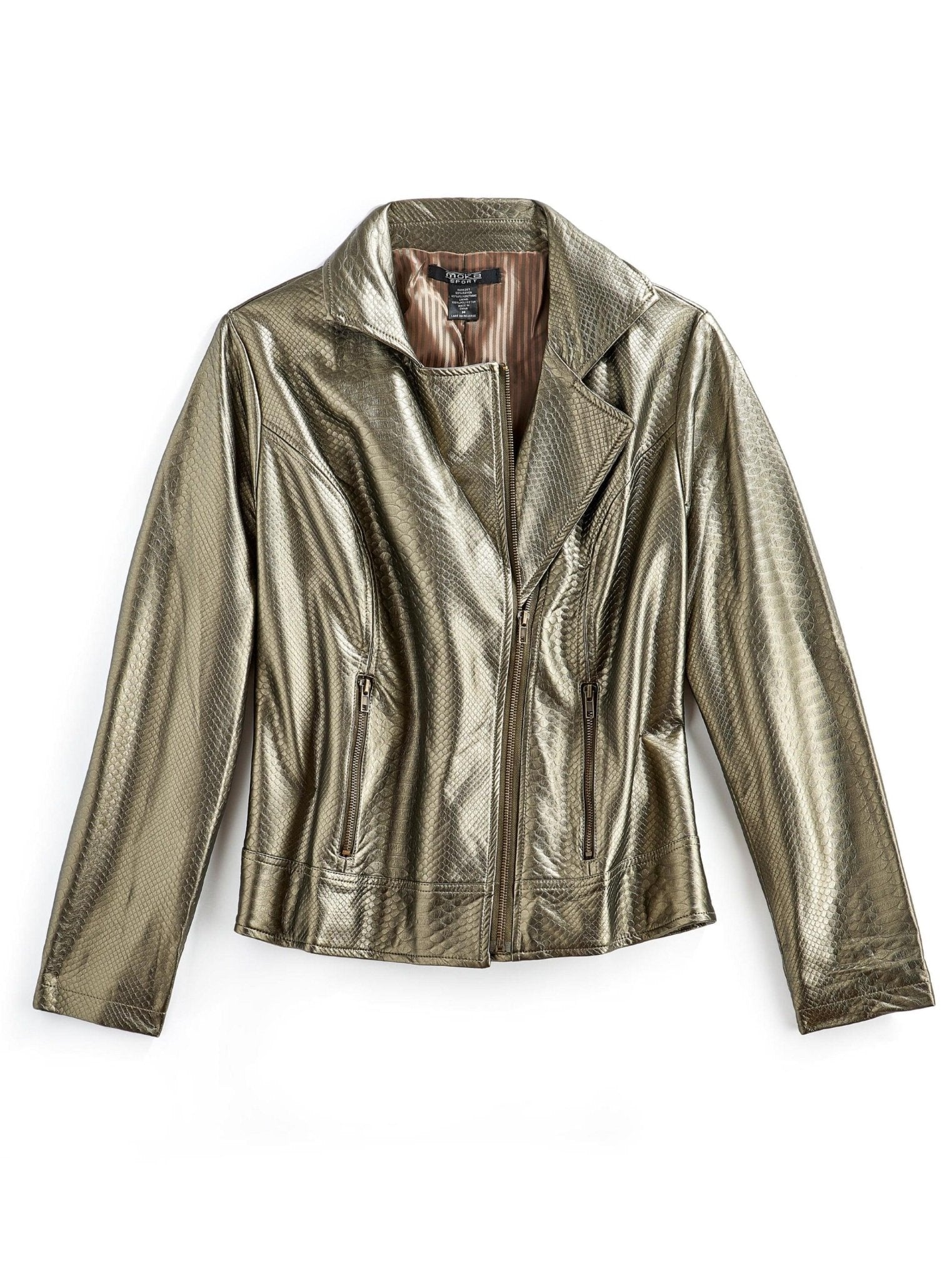 Kristine Asymmetrical Zip Metallic Snake Pattern Moto Jacket - Robbi & Angel