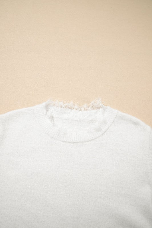 Lace Patchwork Sleeve Faux Two - Piece Fuzzy Sweater - Robbi & Angel