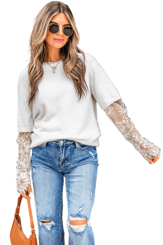 Lace Patchwork Sleeve Faux Two - Piece Fuzzy Sweater - Robbi & Angel