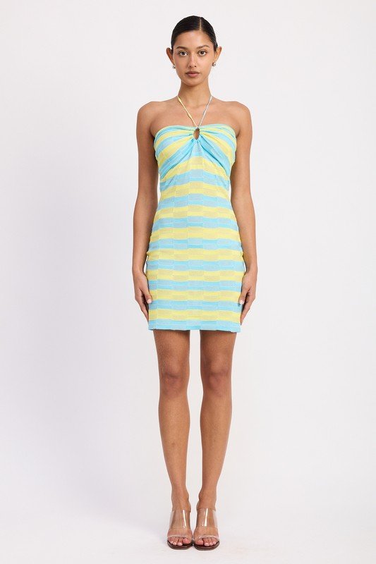 Lace Trim Halter Mini Dress With Front Cutout - Robbi & Angel