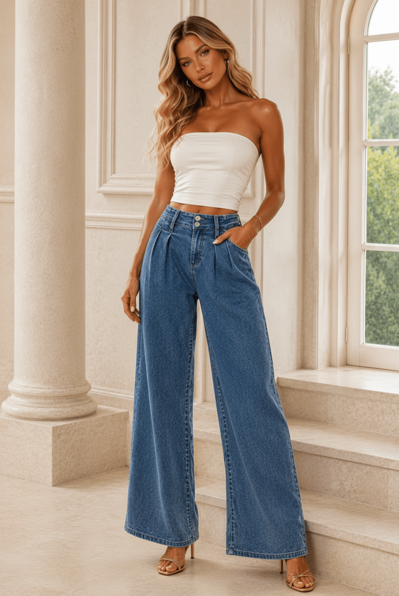 Lana Mid Rise Fit Wide Leg with Pleated Detail Jeans - Robbi & Angel