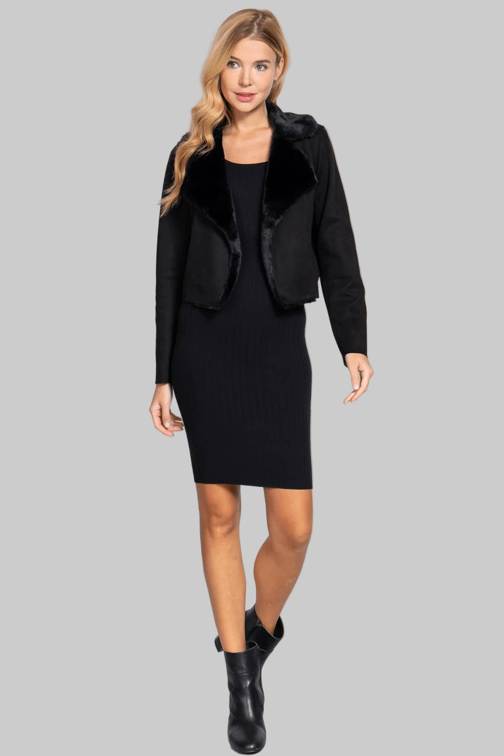 Lapel Collar with Fur Detailed Faux Suede Biker Jacket - Robbi & Angel