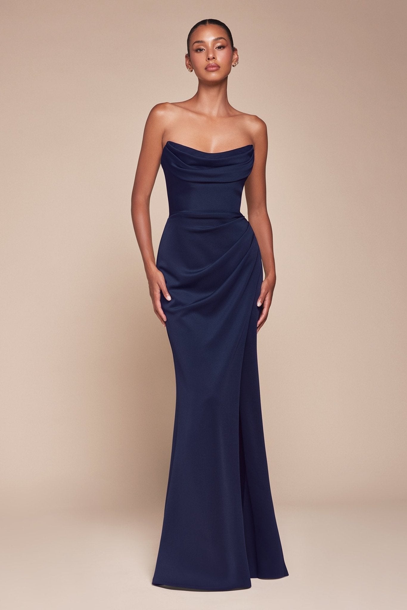 Layla Long Strapless Chiffon Scoop Neck Gown - Robbi & Angel