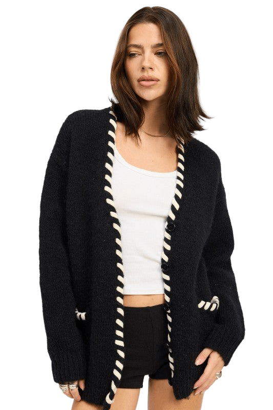 LEATHER TRIM CARDIGAN WITH BUTTONS - Robbi & Angel