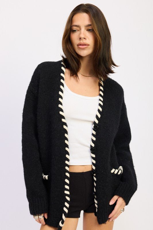 LEATHER TRIM CARDIGAN WITH BUTTONS - Robbi & Angel