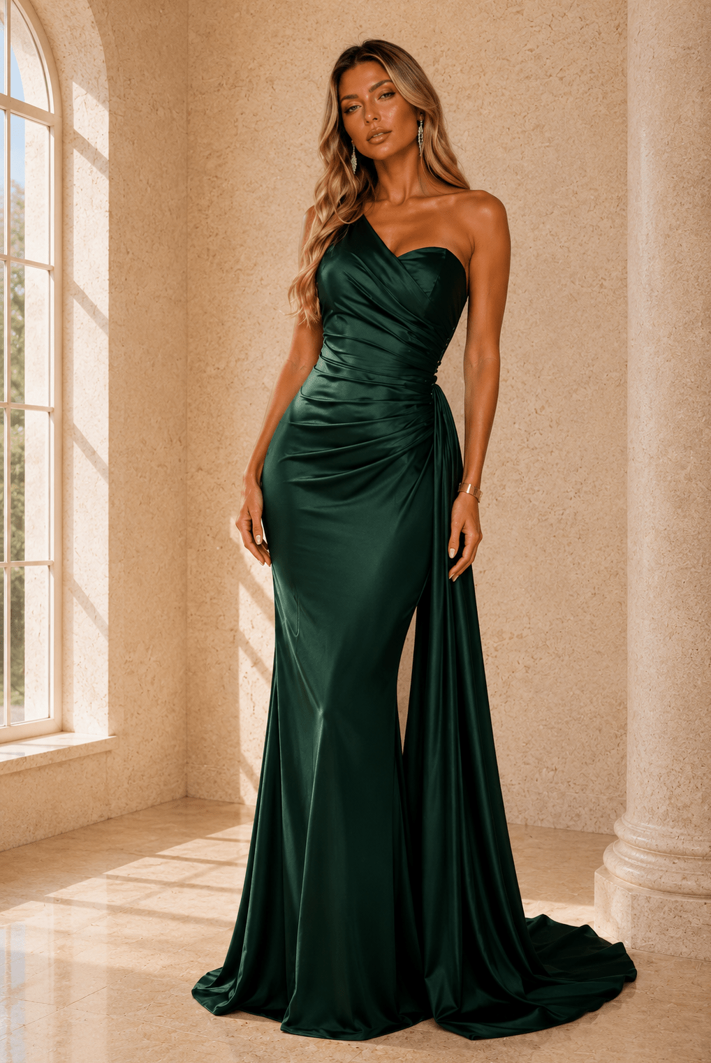 Lenora Long Chic One Shoulder Stretch Satin Side Sash Gown - Robbi & Angel